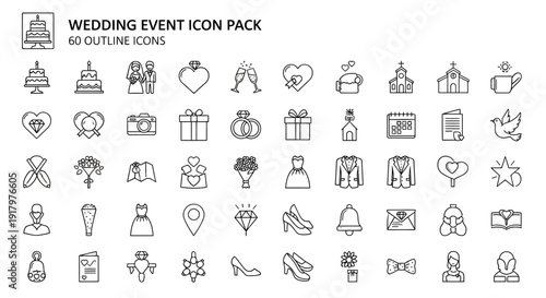 Detailed Wedding Event Icon Pack - Outline Symbols for Celebration