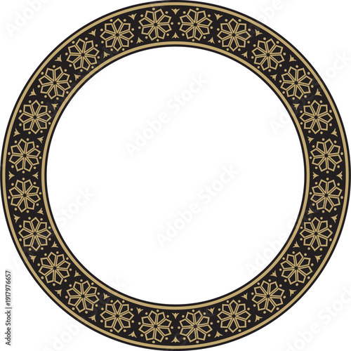 Vector round gold and black ancient Russian ornament. Slavic border, frame. Circle, ring. Painting of the royal chambers.