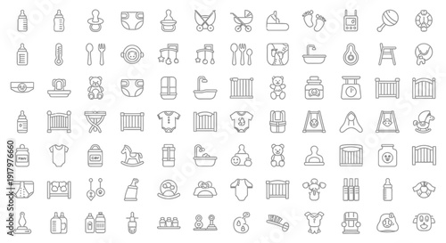 Newborn Baby & Nursery Outline Icon Set - Infant Care & Essentials