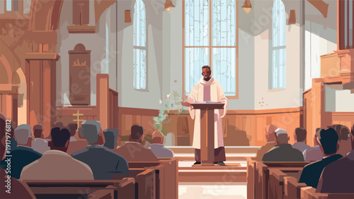 A preacher addresses a congregation within a sunlit church, with stained glass windows