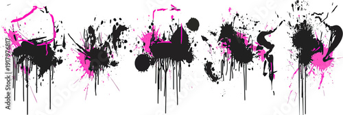 Abstract black ink splatters and drips with neon pink paint accents minimalist graffiti style seamless design on white background vector illustration