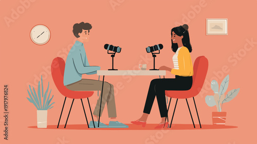 Two people sit at a table with microphones, as if recording a podcast or interview