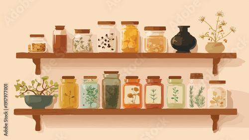 Shelves display various jars filled with dried herbs, seeds, and decorative plants, plus a vase