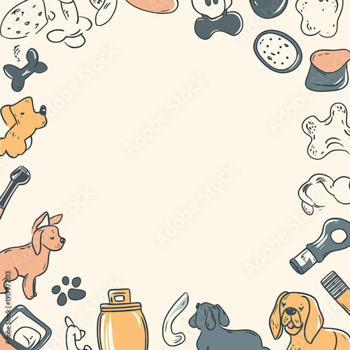 Hand drawn dog and pet accessories frame with chew toys, food bowls, grooming tools, treats, and paw prints in doodle style vector illustration on white background with copy space
