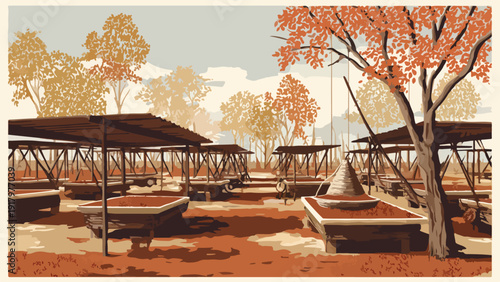 Empty outdoor market stalls with autumn trees and light sky