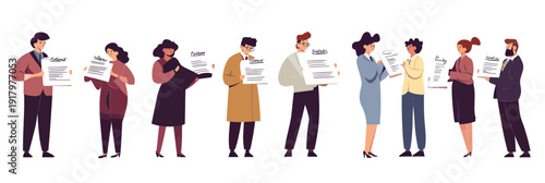 Diverse business people signing and reviewing contracts and legal documents in modern flat minimalist vector style illustration with professional attire and communication gestures