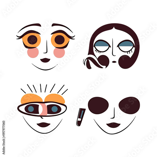 Set of four minimalist flat vector abstract faces with expressive eyes and eye patches in varying styles and emotions on white background