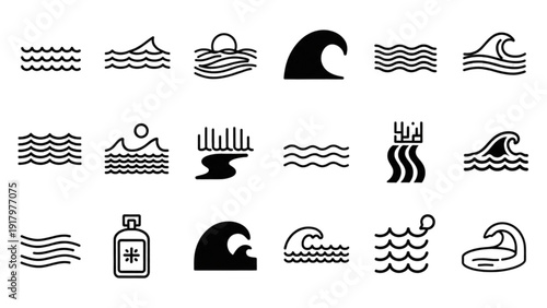 Vector Icon Sheet Featuring Ocean Waves and Surfers in Various Styles