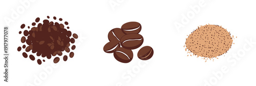 Coffee bean roasting stages and coffee grind size comparison isolated on white background vector illustration flat design with whole beans medium and fine ground powder