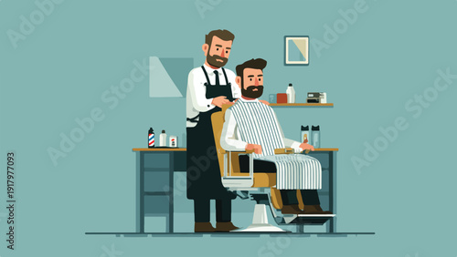 Barber giving a haircut to a client in a striped cape in a stylized salon