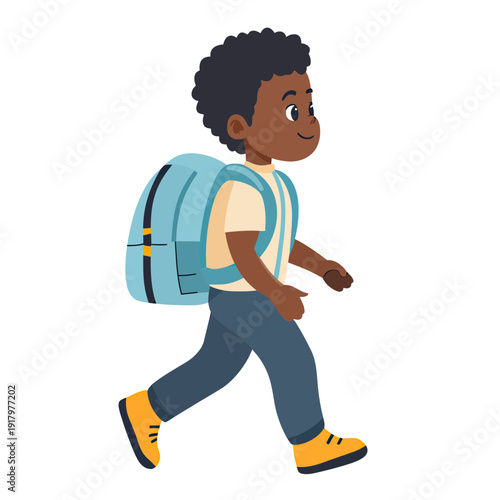 Cartoon illustration of happy young boy with curly hair wearing yellow shoes, blue backpack walking to school isolated on white background
