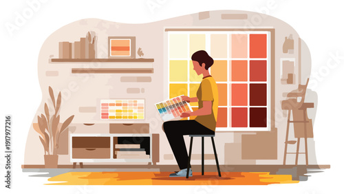 Person choosing colors from swatch book in a room with a large window