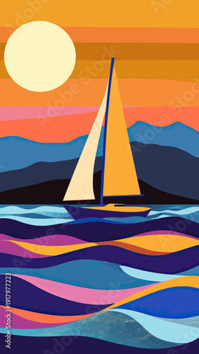 Minimalist abstract sailboat on vibrant colorful waves with large sun and mountainous horizon at sunset illustration in flat vector style