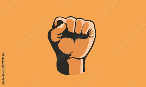 Fist hand raised silhouette icon symbol of strength power unity protest solidarity in flat minimalist vector style orange background