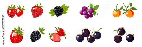 Collection of colorful cartoon berries including strawberries, blackberries, blueberries, and black currants with vibrant green leaves in flat minimalist vector style isolated on white background