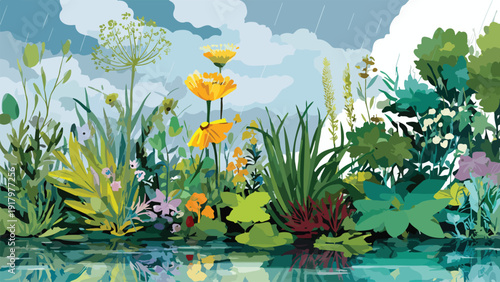 Vivid abstract depiction of lush, colorful flora reflected in calm water under a rainy sky