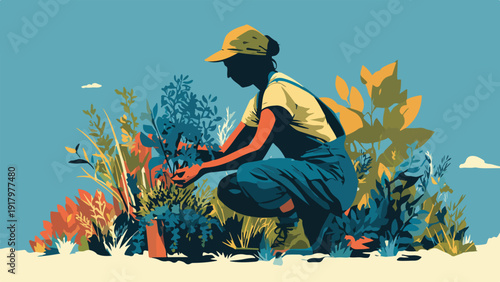 A person kneels in a vibrant garden, tending to plants under a clear sky