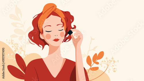 A stylized woman applies serum to her face with a dropper, surrounded by abstract leaves