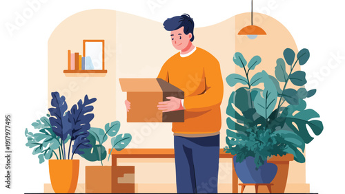 Man with a box and lush indoor plants in a cozy room