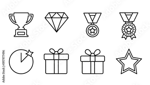 Vector Icon Sheet featuring Awards, Jewelry, Gifts, and Time on a Clean White Background from a Straight-On Viewpoint