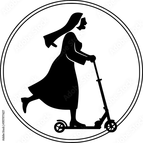Silhouette of a nun riding a kick scooter inside a circular frame. Flat vector illustration of a sister on a scooter, modern religious concept.