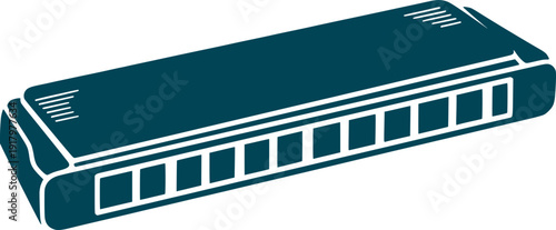Dark teal monochrome vector illustration of a classic harmonica isolated on white background.