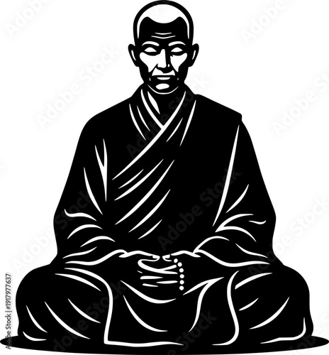 High contrast black and white vector illustration of a Buddhist monk sitting in a meditative lotus position.