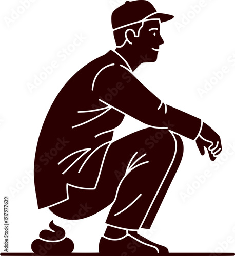 Brown monochrome silhouette of a man in a cap squatting and defecating on the ground isolated on white.