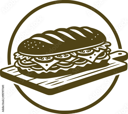 Dark brown monochrome vector illustration of a loaded baguette sandwich with lettuce, tomatoes, and cheese on a wooden cutting board, enclosed in a circular frame.