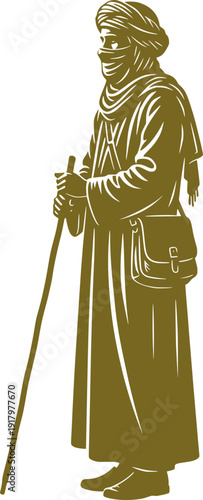 Gold monochrome vector illustration of a desert nomad or bedouin man in traditional robes and turban holding a walking stick.