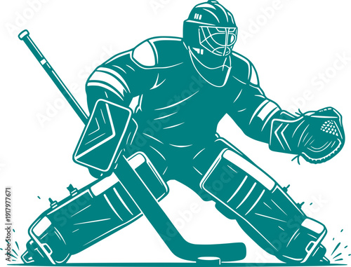 Teal monochrome vector illustration of an ice hockey goalie in a defensive stance with full gear, stick, and puck