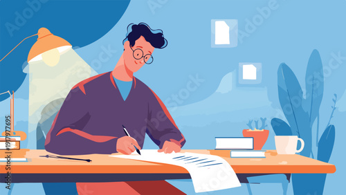 A man with glasses sits at a desk, writing under the warm glow of a desk lamp