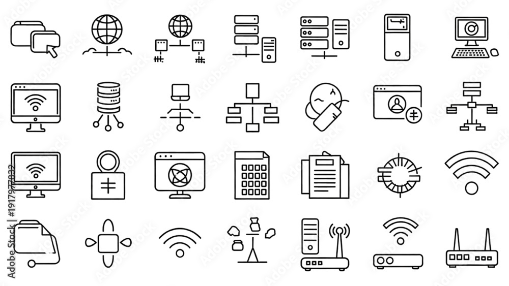 Fototapeta premium Vector Icon Sheet Representing Various Technology and Internet Concepts in Modern Devices and Communication Tools