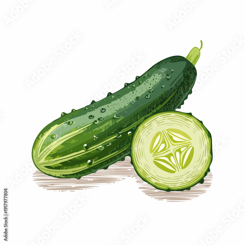 A fresh cucumber and its cross-section displayed on a surface, viewed from a slight angle