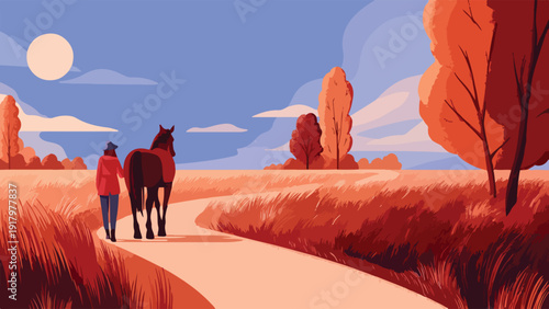 A person walks with a horse down a path through tall, red-hued grass under a blue sky