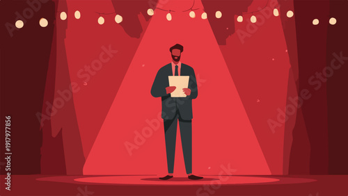 Man in suit on illuminated stage holding papers