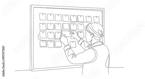 Businesswoman planning with sticky notes on a board in a meeting room.