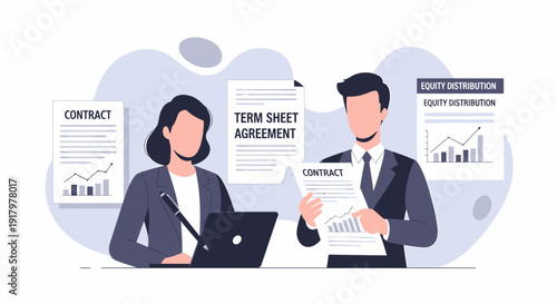 Businesspeople reviewing term sheet agreement documents for important financial decisions.