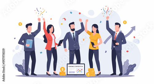 Group of diverse business people celebrating success with raised hands and confetti.