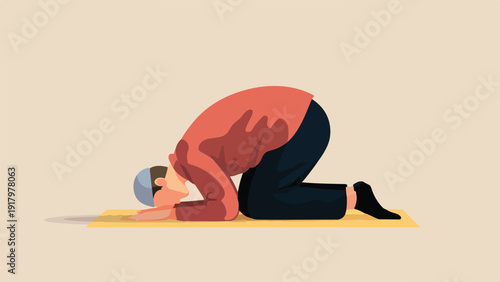 Person in prayer on a mat, head bowed low