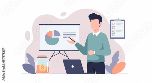 Professional man presenting business data with charts and graphs on a display screen.