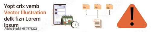 Task management, data organization, time tracking, workflow automation, digital tools, warning alerts. Visual of a calendar, folders and an exclamation mark. Task management and data organization