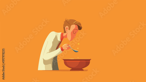 Man in white shirt tasting soup from a brown bowl with a spoon