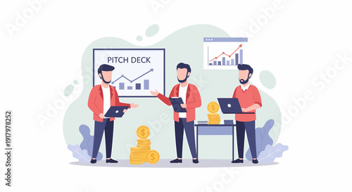 Three business people collaborating on a pitch deck presentation.