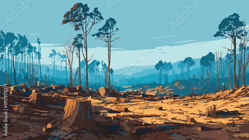 A barren landscape with fallen trees, stumps, and distant blue hills under a light sky