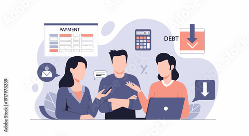 Three business people discussing financial strategy and debt management.