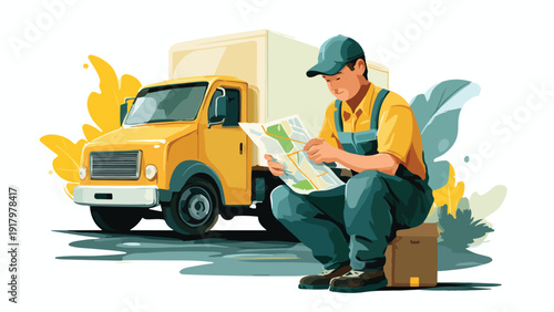 Delivery person in yellow shirt and blue overalls studying map by yellow truck