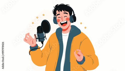 A young person with headphones joyfully records audio into a studio microphone