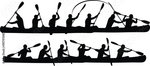 Dragon boat racing silhouette team paddling canoe showing teamwork strength competition water sport action isolated on white background illustration dynamic athletic concept design