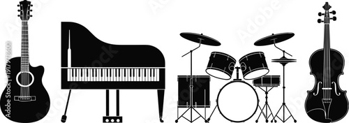 "Silhouette illustration of musical instruments including acoustic guitar, grand piano, drum set, and cello, representing music performance, composition, and artistic vector design elements"
